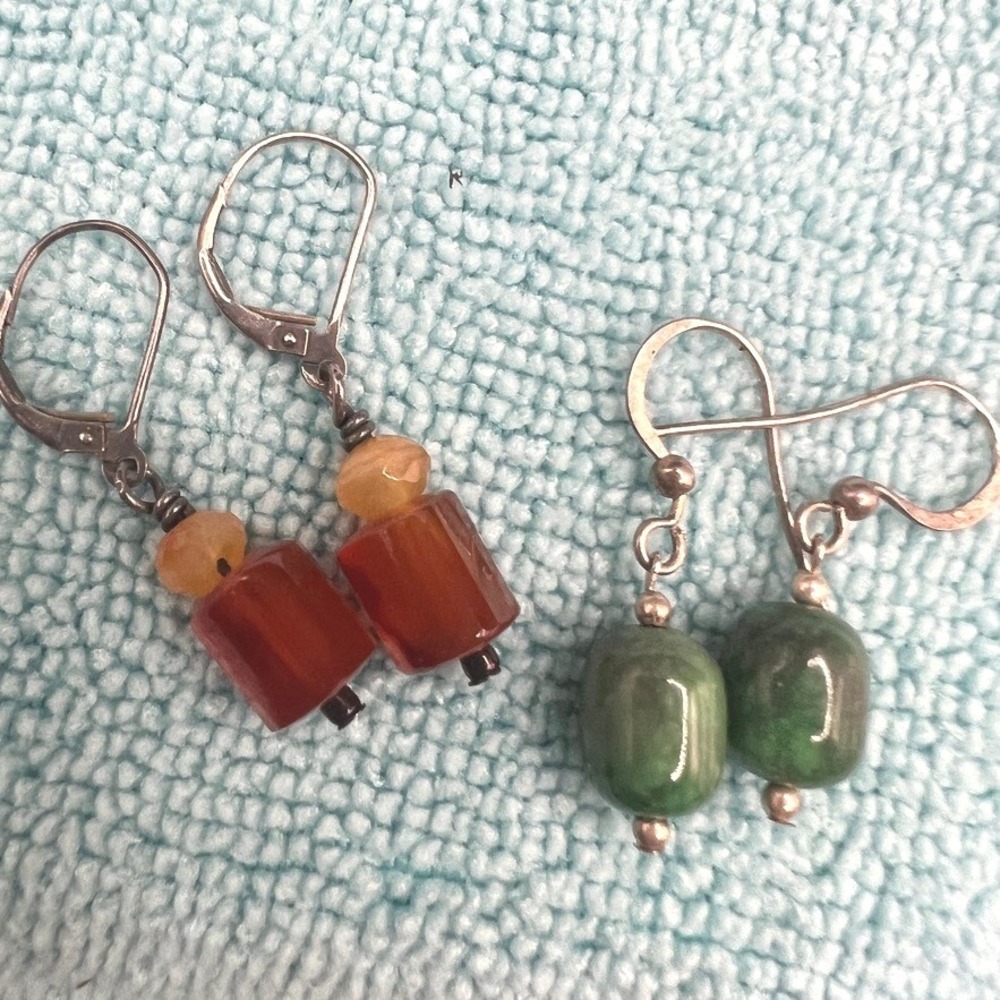 Vintage Sterling Silver Dangle Earrings Lot of 2 Stones Wire Hooks Artisan 1.25"